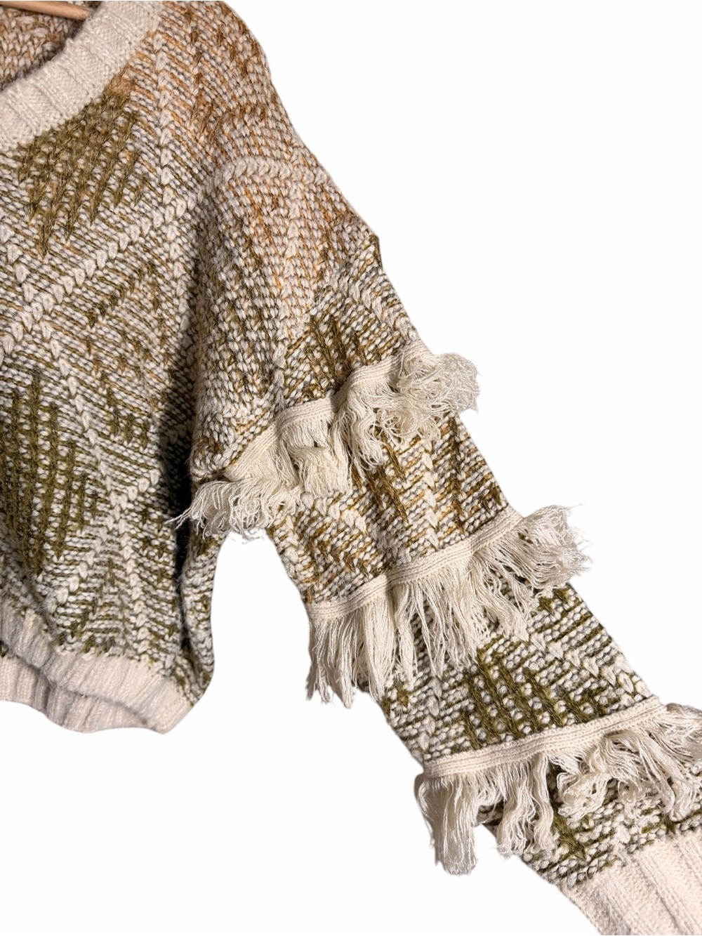 Sadie & Sage Olive and Cream Fringe V-Neck Sweater - Picture 4 of 9